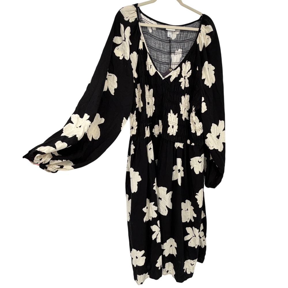Ava & Viv Womens 4X Black Floral Smocked Midi Dress Balloon Sleeve NWT